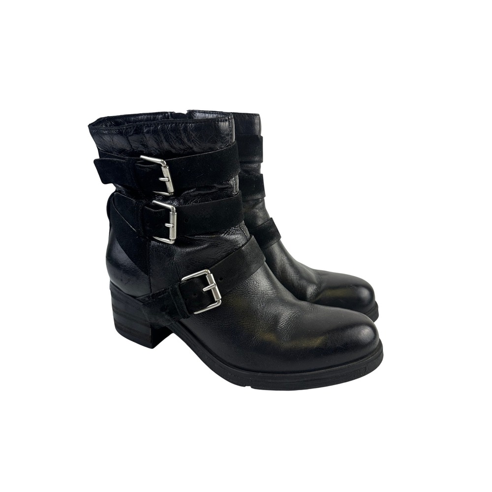 Miz Mooz Skye Black Leather Moto Mid Boots Triple Buckle Straps Womens 41 9.5-10